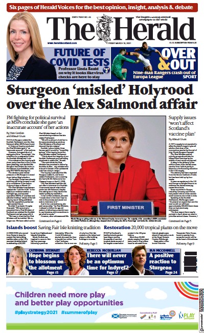 The Herald Newspaper Front Page (UK) for 19 March 2021