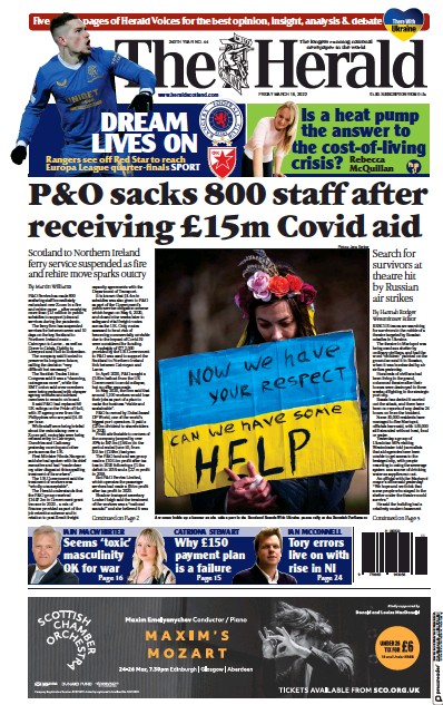 The Herald Newspaper Front Page (UK) for 19 March 2022
