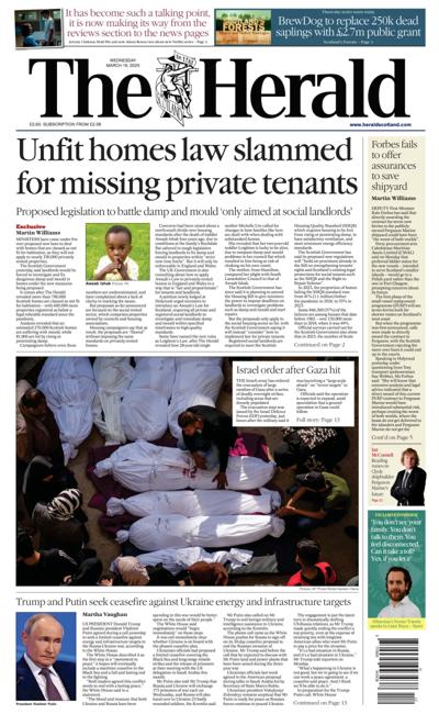 The Herald Newspaper Front Page (UK) for 19 March 2025