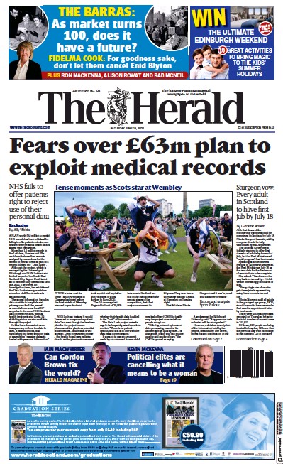 The Herald Newspaper Front Page (UK) for 19 June 2021