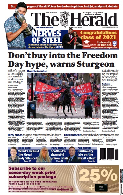 The Herald Newspaper Front Page (UK) for 19 July 2021