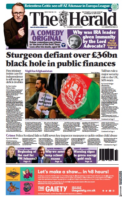 The Herald Newspaper Front Page (UK) for 19 August 2021