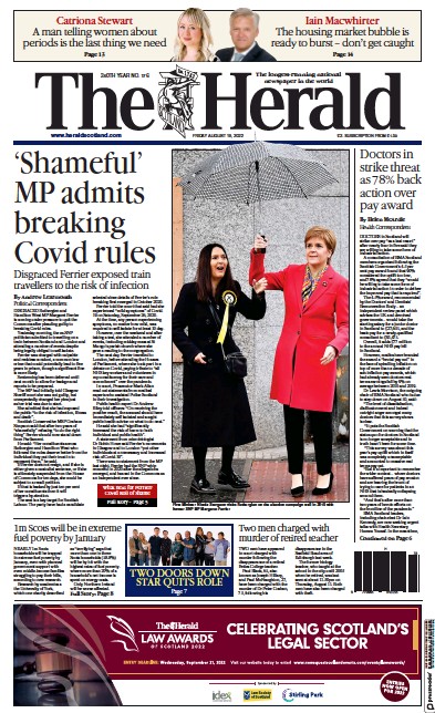 The Herald Newspaper Front Page (UK) for 19 August 2022