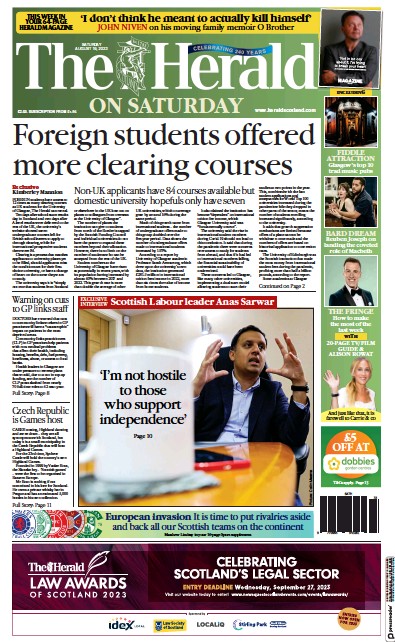 The Herald Newspaper Front Page (UK) for 19 August 2023