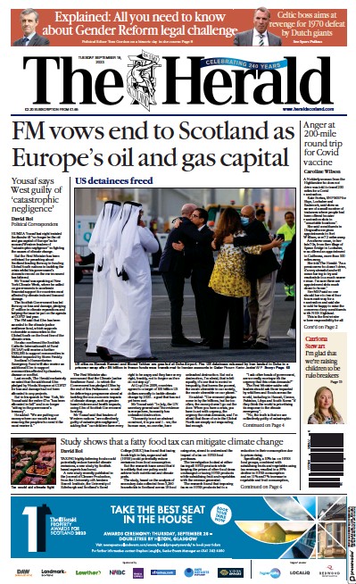 The Herald Newspaper Front Page (UK) for 19 September 2023