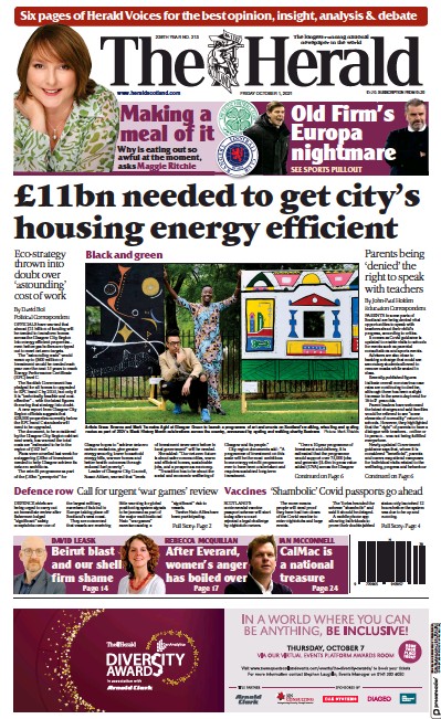 The Herald Newspaper Front Page (UK) for 1 October 2021