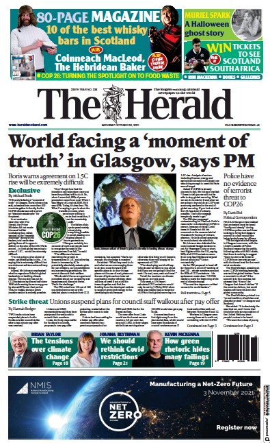 The Herald Newspaper Front Page (UK) for 1 November 2021