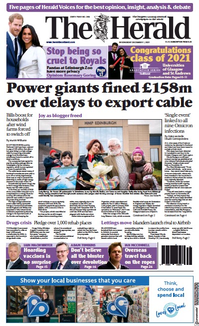 The Herald Newspaper Front Page (UK) for 1 December 2021