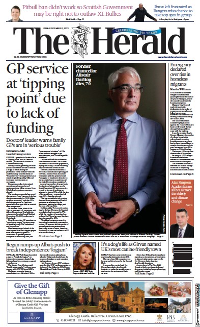 The Herald Newspaper Front Page (UK) for 1 December 2023
