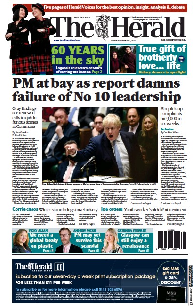 The Herald Newspaper Front Page (UK) for 1 February 2022