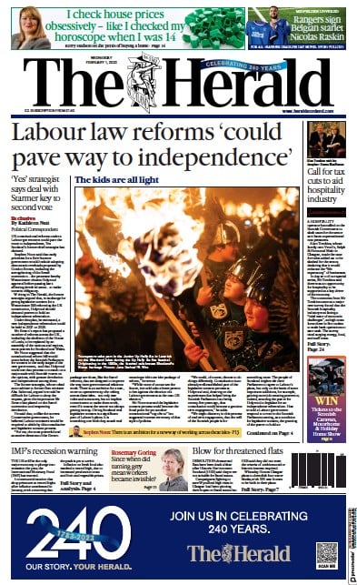 The Herald Newspaper Front Page (UK) for 1 February 2023