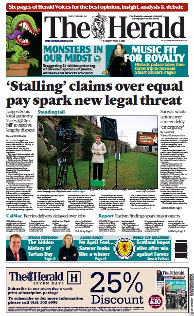 The Herald Newspaper Front Page (UK) for 1 April 2021