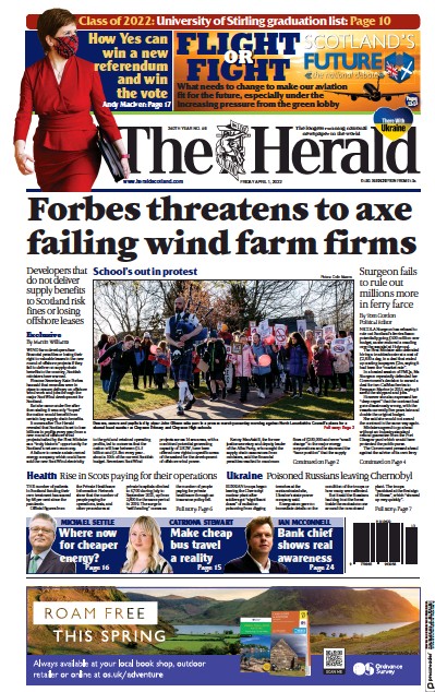 The Herald Newspaper Front Page (UK) for 1 April 2022