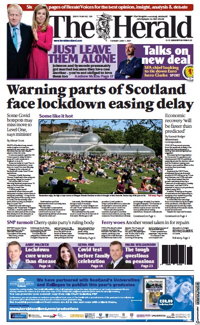 The Herald Newspaper Front Page (UK) for 1 June 2021