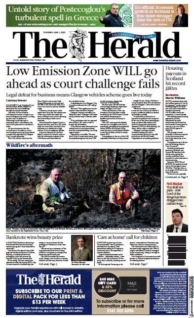 The Herald Newspaper Front Page (UK) for 1 June 2023