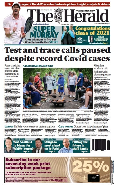 The Herald Newspaper Front Page (UK) for 1 July 2021