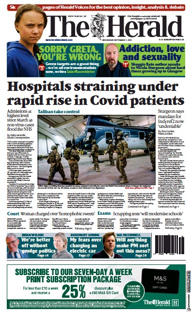 The Herald Newspaper Front Page (UK) for 1 September 2021