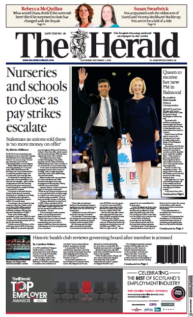 The Herald Newspaper Front Page (UK) for 1 September 2022