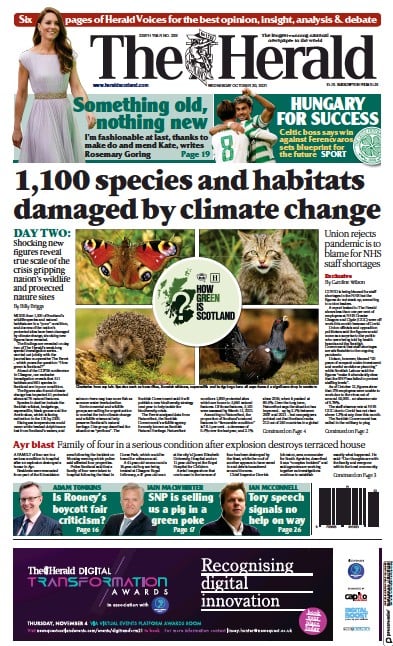 The Herald Newspaper Front Page (UK) for 20 October 2021