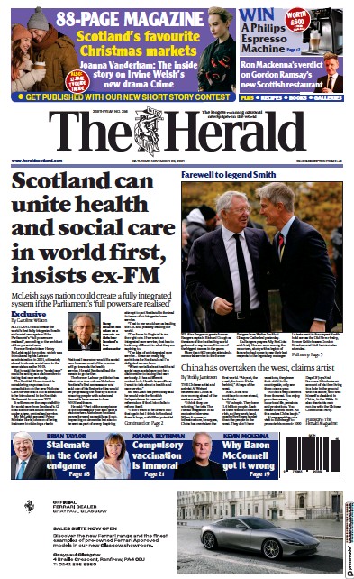 The Herald Newspaper Front Page (UK) for 20 November 2021