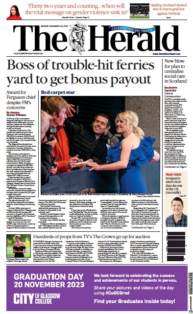The Herald Newspaper Front Page (UK) for 20 November 2023
