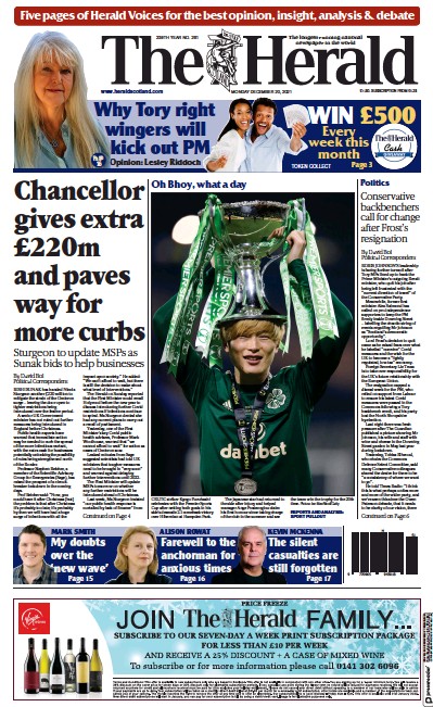 The Herald Newspaper Front Page (UK) for 20 December 2021