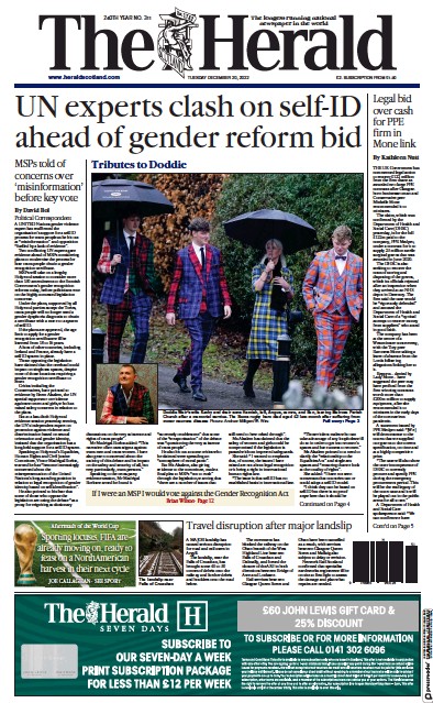 The Herald Newspaper Front Page (UK) for 20 December 2022