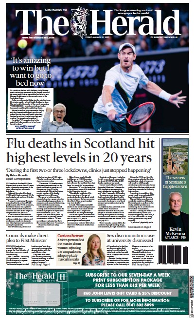 The Herald Newspaper Front Page (UK) for 20 January 2023