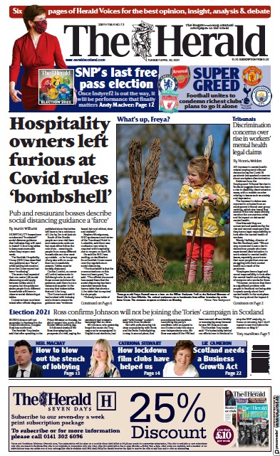 The Herald Newspaper Front Page (UK) for 20 April 2021