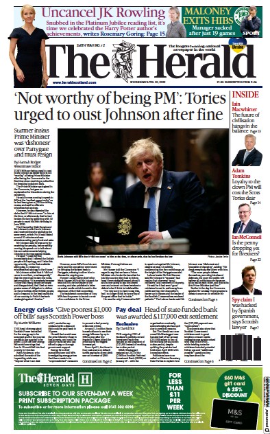 The Herald Newspaper Front Page (UK) for 20 April 2022