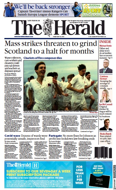 The Herald Newspaper Front Page (UK) for 20 May 2022