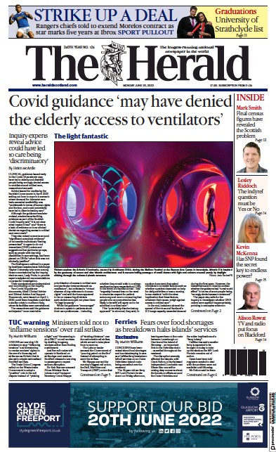 The Herald Newspaper Front Page (UK) for 20 June 2022