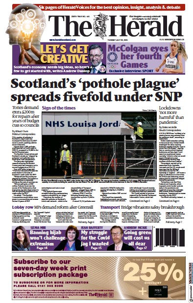 The Herald Newspaper Front Page (UK) for 20 July 2021