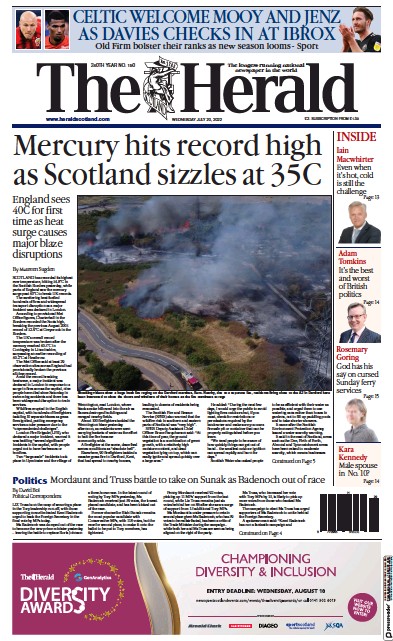 The Herald Newspaper Front Page (UK) for 20 July 2022