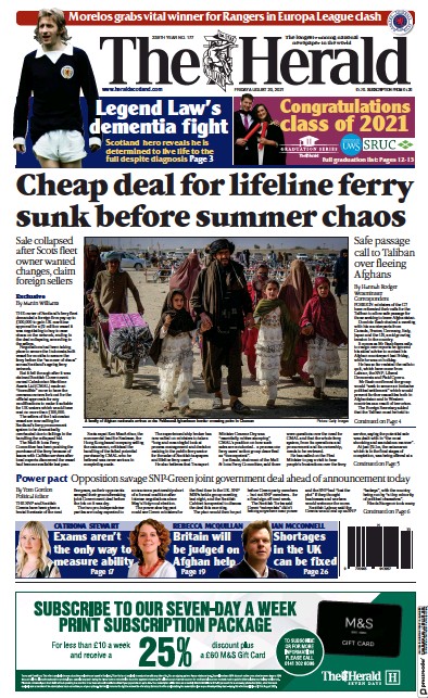 The Herald Newspaper Front Page (UK) for 20 August 2021