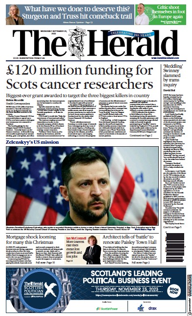 The Herald Newspaper Front Page (UK) for 20 September 2023