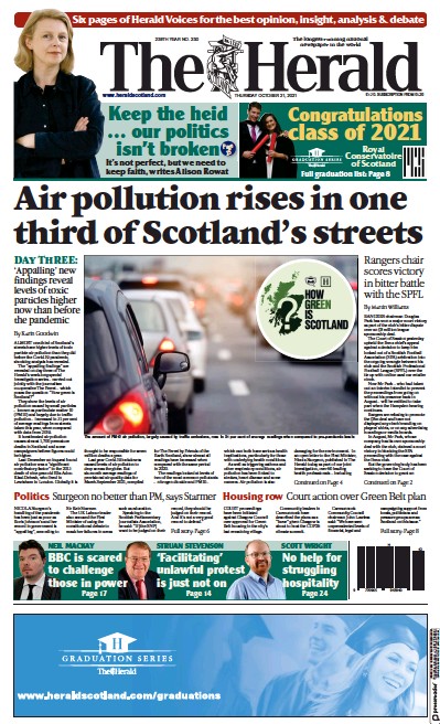 The Herald Newspaper Front Page (UK) for 21 October 2021