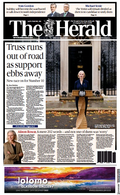 The Herald Newspaper Front Page (UK) for 21 October 2022