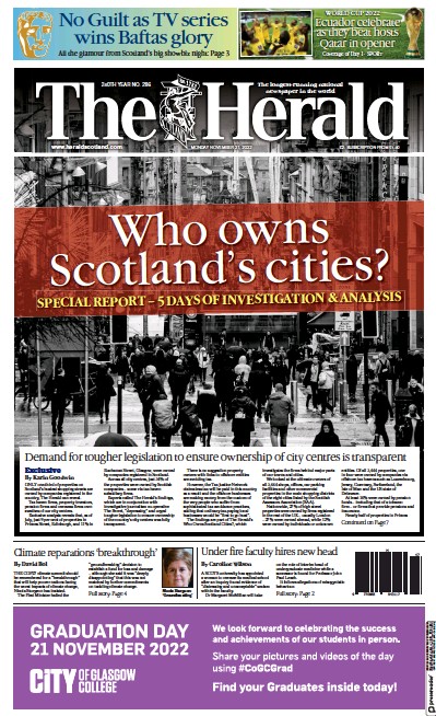 The Herald Newspaper Front Page (UK) for 21 November 2022
