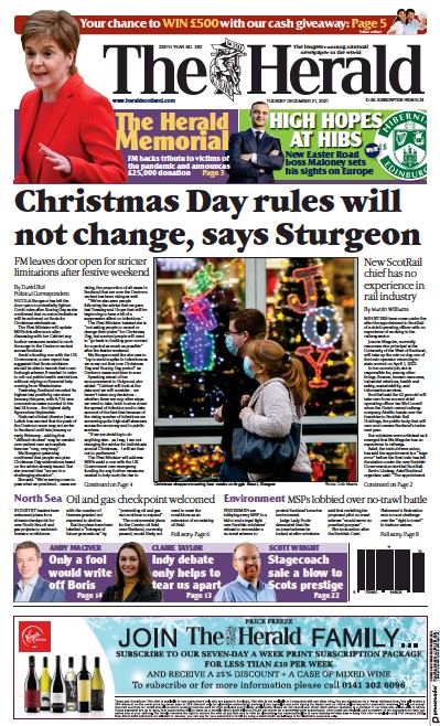 The Herald Newspaper Front Page (UK) for 21 December 2021