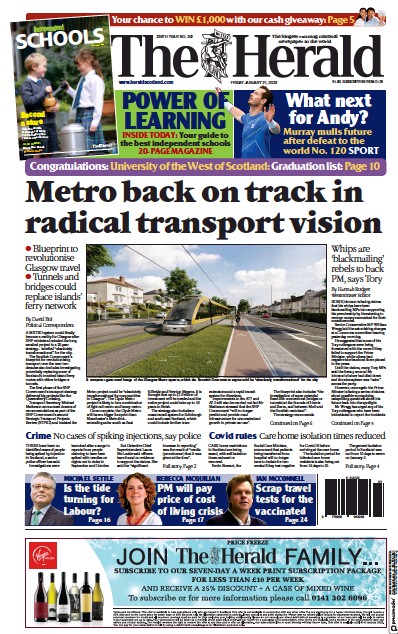 The Herald Newspaper Front Page (UK) for 21 January 2022
