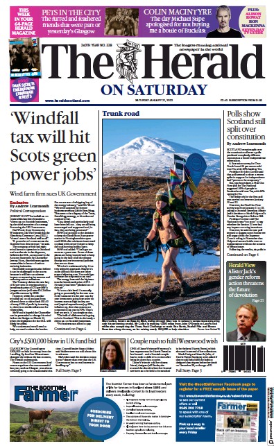 The Herald Newspaper Front Page (UK) for 21 January 2023