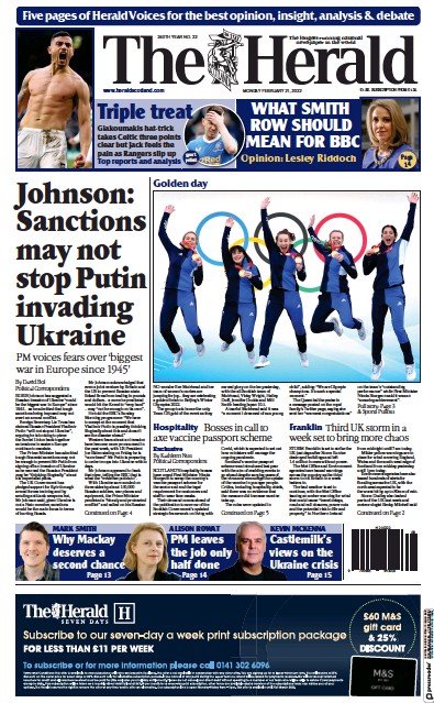 The Herald Newspaper Front Page (UK) for 21 February 2022