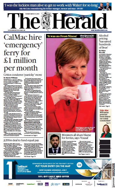 The Herald Newspaper Front Page (UK) for 21 March 2023