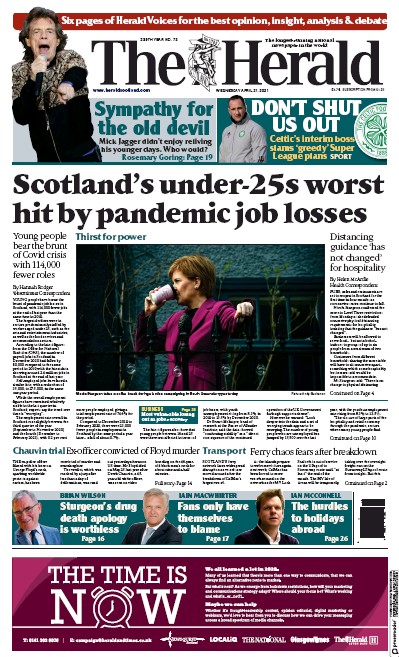 The Herald Newspaper Front Page (UK) for 21 April 2021