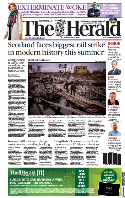 The Herald Newspaper Front Page (UK) for 21 April 2022