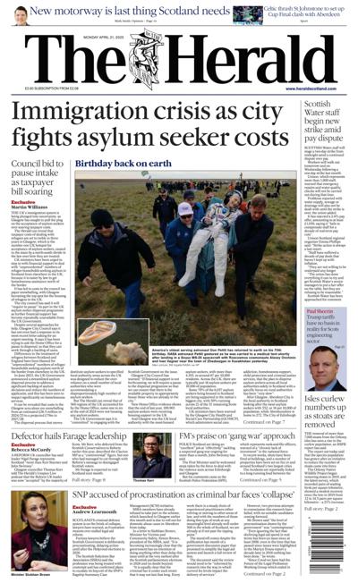 The Herald Newspaper Front Page (UK) for 21 April 2025