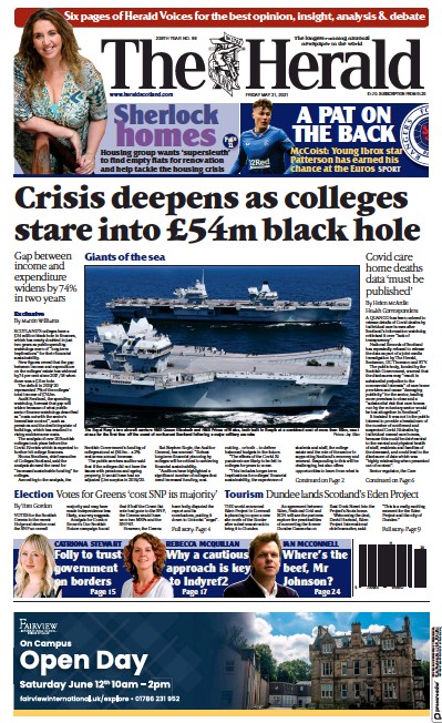 The Herald Newspaper Front Page (UK) for 21 May 2021