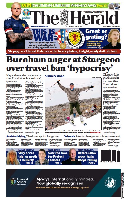 The Herald Newspaper Front Page (UK) for 21 June 2021