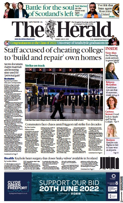 The Herald Newspaper Front Page (UK) for 21 June 2022